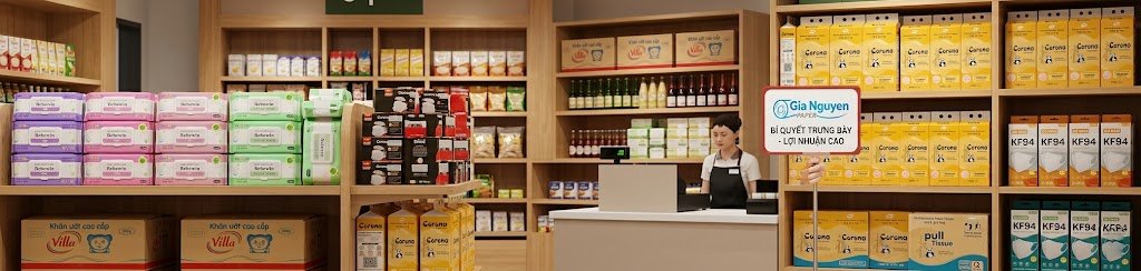 Cận cảnh c&aacute;c kệ h&agrave;ng trong một tiệm tạp h&oacute;a nhỏ, trưng b&agrave;y đa dạng c&aacute;c sản phẩm khăn giấy, khăn ướt v&agrave; khẩu trang của Gia Nguyễn Paper, với bảng hiệu 'Lợi nhuận cao'